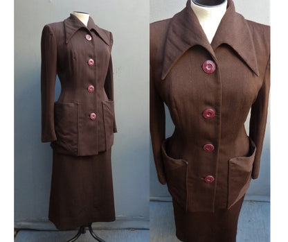 1940s American Suit Jacket Skirt Chocolate Brown Gabardine Wool UK XS