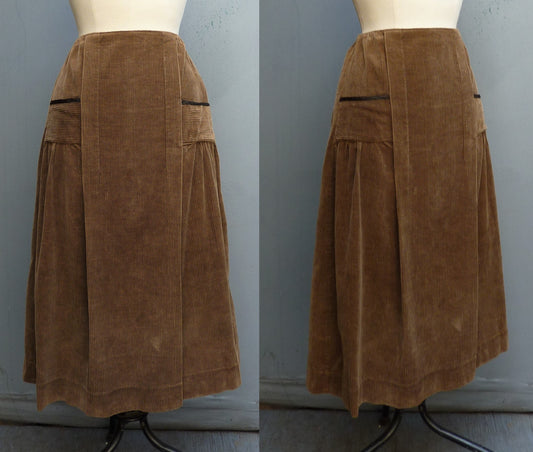 Original Vintage 1950s Skirt High Waist Brown Corduroy UK S