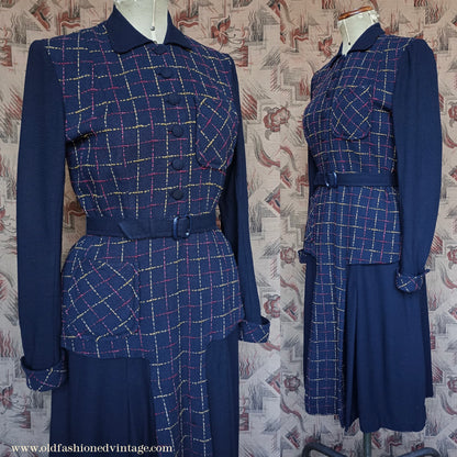 Wonderful Vintage 1940s Dress Two Tone Blue Checked Handmade UK M