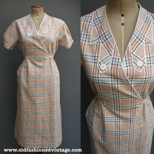 Vintage 1930s French Overall Dress Checked Cotton Chore Work Smock UK S/M