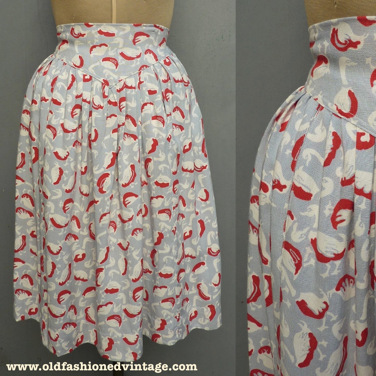 Wonderful Vintage 1940s Skirt Bold Novelty Goose Print Geese Ducks UK XS