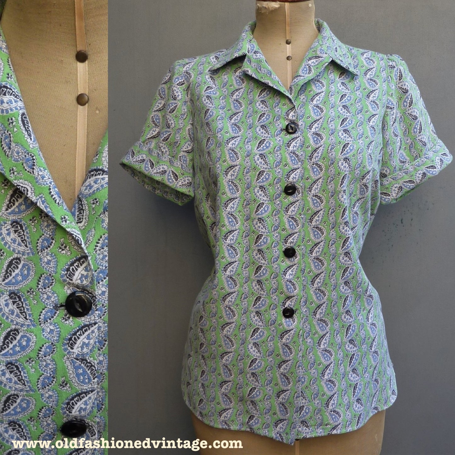 Vintage 1950s Blouse Paisley Print Green Blue Short Sleeved Shirt UK S/M