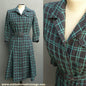 Vintage 1950s Shirt Dress Checked Grey Turquoise Blue Wool UK XS