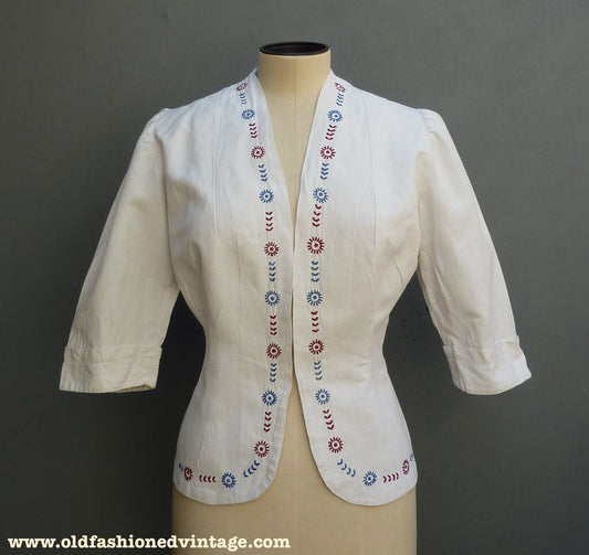 Vintage 1930s Embroidered Peasant Blouse Jacket White Cotton UK S