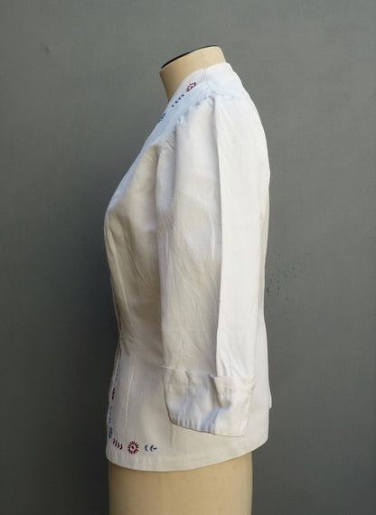 Vintage 1930s Embroidered Peasant Blouse Jacket White Cotton UK S