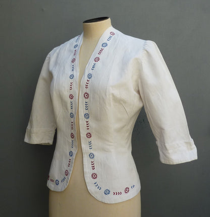 Vintage 1930s Embroidered Peasant Blouse Jacket White Cotton UK S