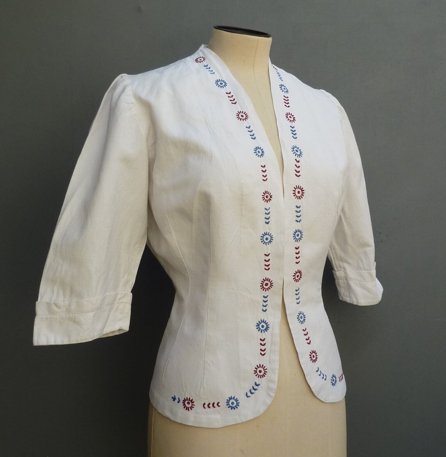 Vintage 1930s Embroidered Peasant Blouse Jacket White Cotton UK S