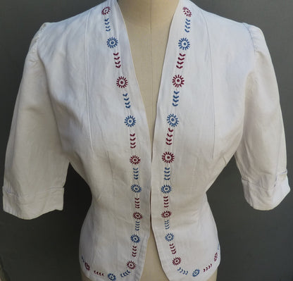 Vintage 1930s Embroidered Peasant Blouse Jacket White Cotton UK S