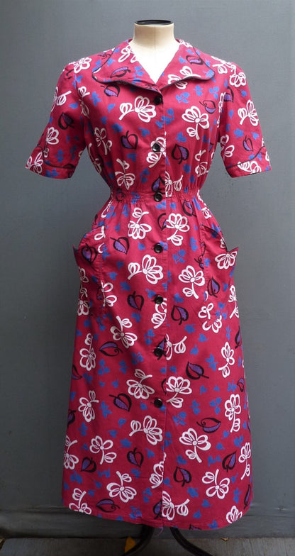 Vintage 1940s Cotton Shirt Dress Red White Blue Black Bold Floral UK S/M