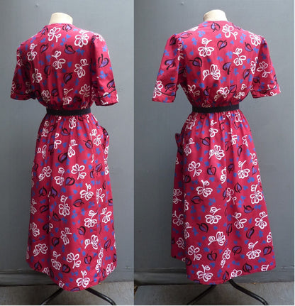 Vintage 1940s Cotton Shirt Dress Red White Blue Black Bold Floral UK S/M