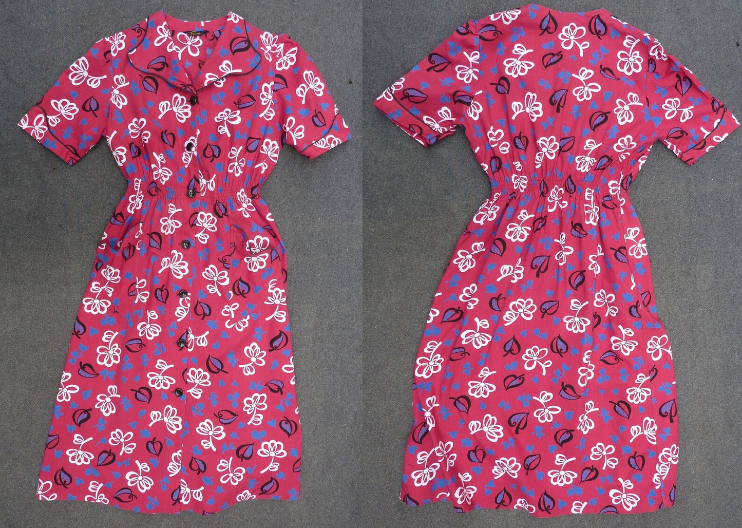 Vintage 1940s Cotton Shirt Dress Red White Blue Black Bold Floral UK S/M