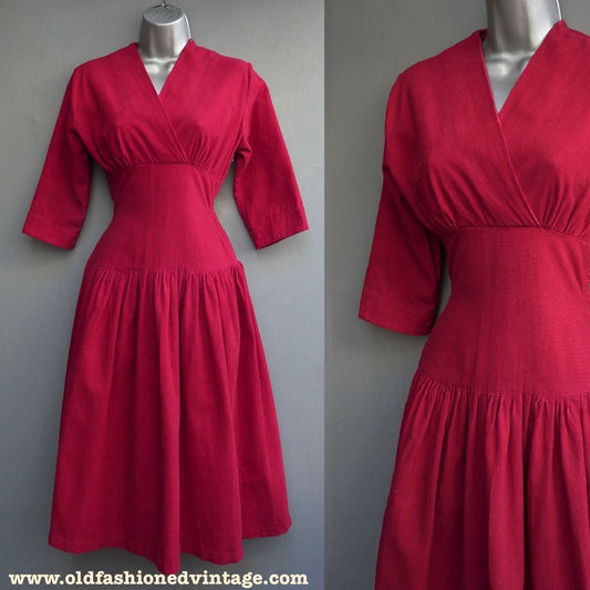 Vintage 1950s Dress Red Corduroy Flared Skirt Cotton Needlecord UK XS