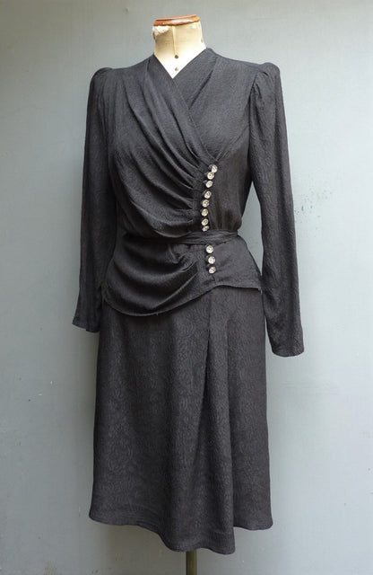 Superb Vintage 1940s Dress Black Rayon Draping Ruching Peplum 40s UK M