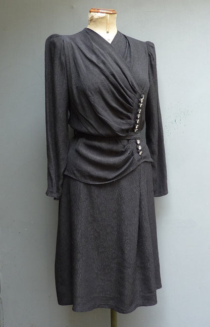 Superb Vintage 1940s Dress Black Rayon Draping Ruching Peplum 40s UK M