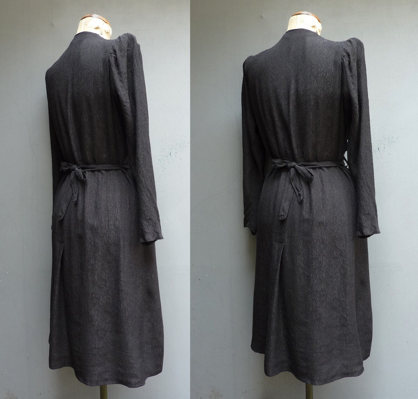 Superb Vintage 1940s Dress Black Rayon Draping Ruching Peplum 40s UK M