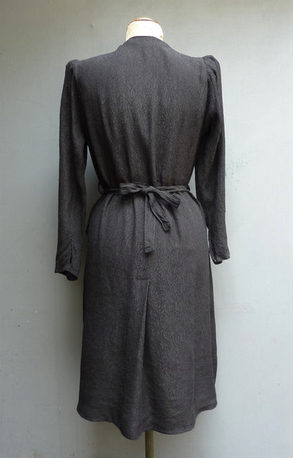 Superb Vintage 1940s Dress Black Rayon Draping Ruching Peplum 40s UK M