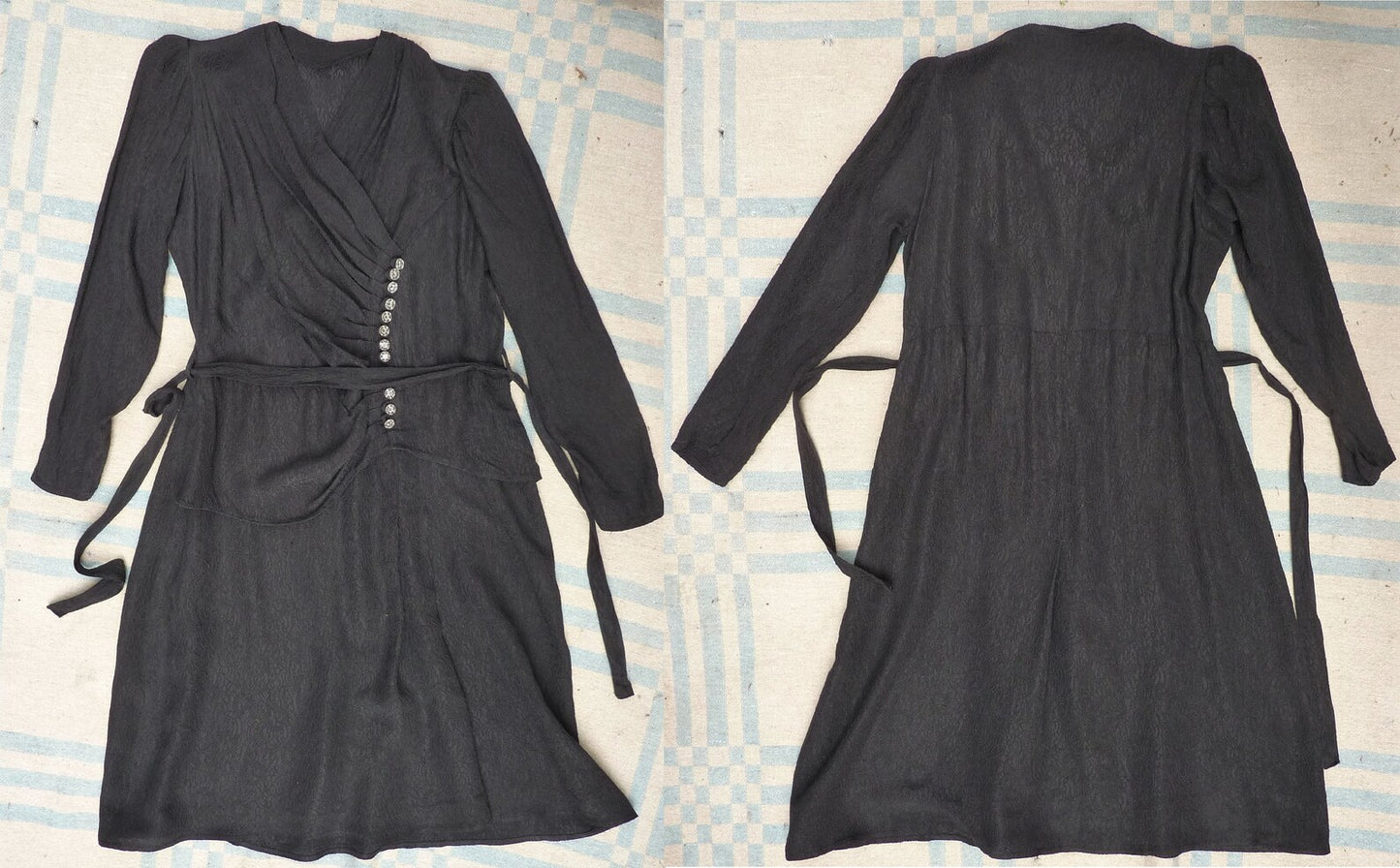 Superb Vintage 1940s Dress Black Rayon Draping Ruching Peplum 40s UK M