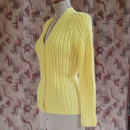 Vintage 1950s Hand Knitted Cardigan Lemon Wool Long Line Raglan UK S/M