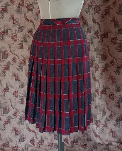 Vintage 1940s Pleated Skirt Tweed Checked Plaid Wool High Waist Red Grey UK S