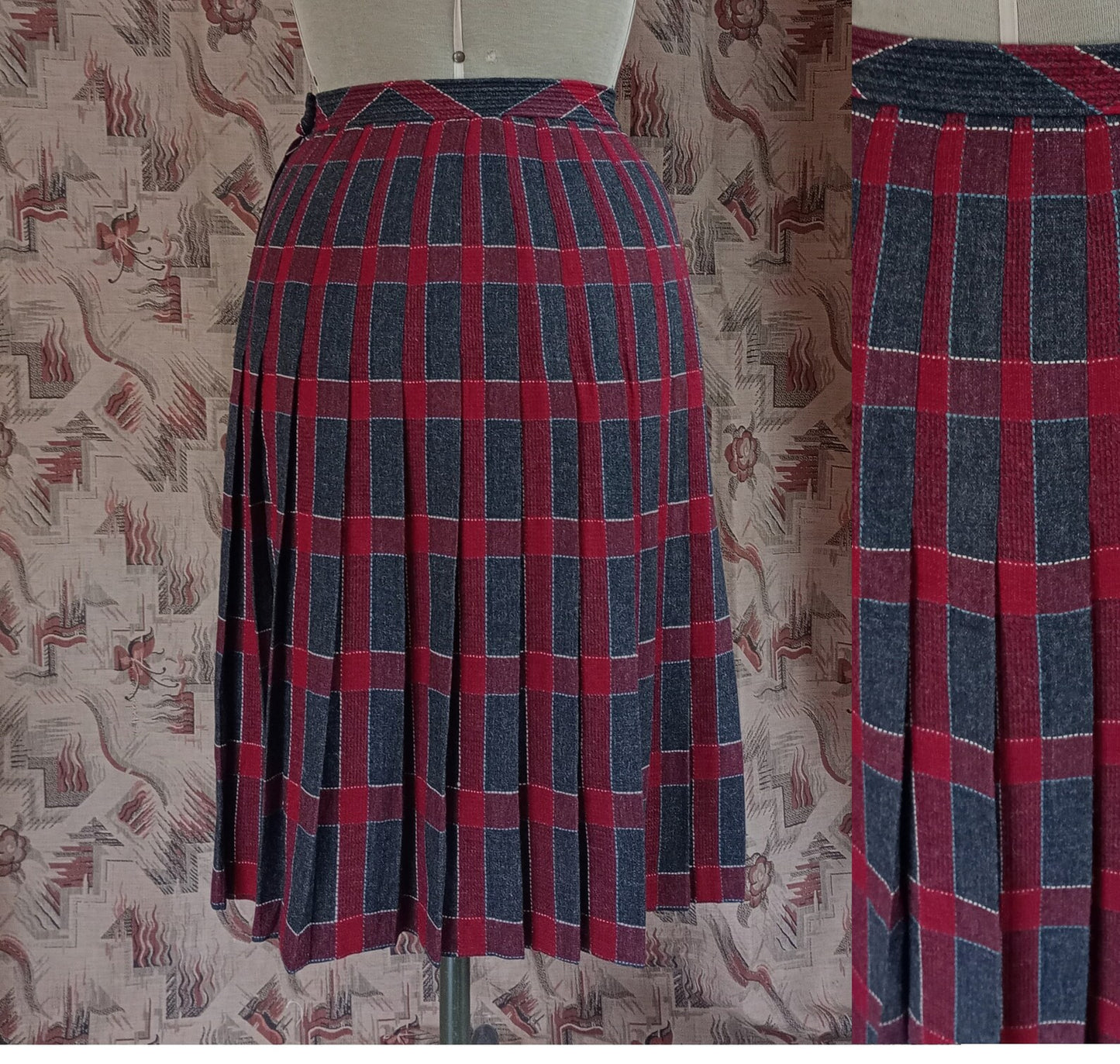 Vintage 1940s Pleated Skirt Tweed Checked Plaid Wool High Waist Red Grey UK S