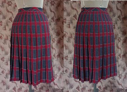 Vintage 1940s Pleated Skirt Tweed Checked Plaid Wool High Waist Red Grey UK S