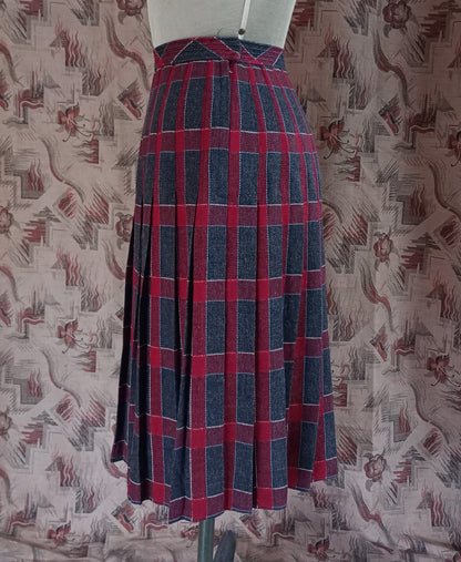 Vintage 1940s Pleated Skirt Tweed Checked Plaid Wool High Waist Red Grey UK S