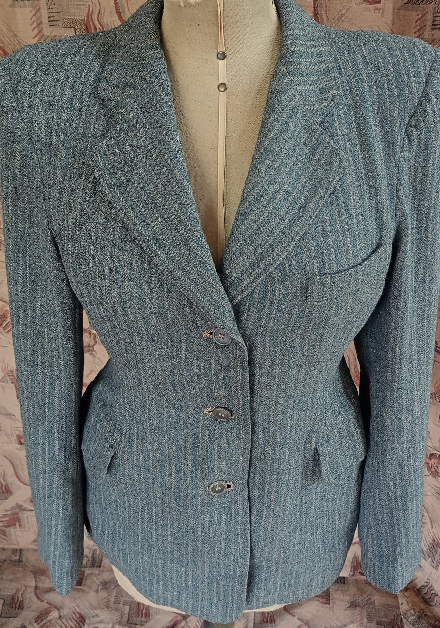 Rare Vintage 1940s Wool Jacket Grey Green Striped Tailored Blazer Back Belt UK S