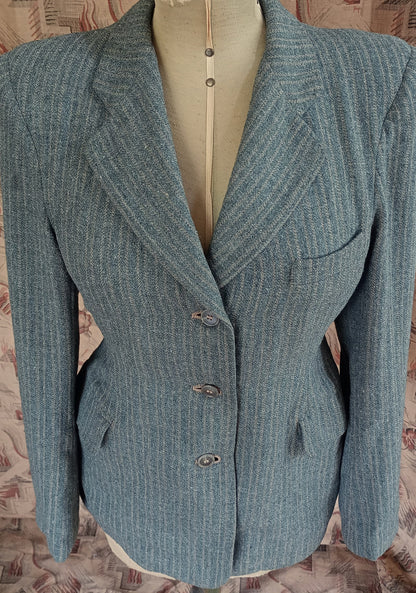 Rare Vintage 1940s Wool Jacket Grey Green Striped Tailored Blazer Back Belt UK S