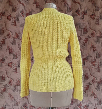 Vintage 1950s Hand Knitted Cardigan Lemon Wool Long Line Raglan UK S/M