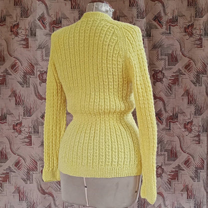 Vintage 1950s Hand Knitted Cardigan Lemon Wool Long Line Raglan UK S/M