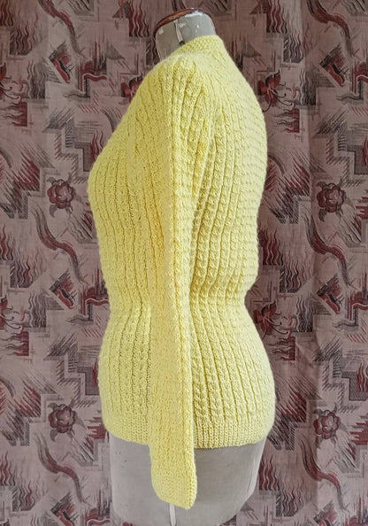 Vintage 1950s Hand Knitted Cardigan Lemon Wool Long Line Raglan UK S/M