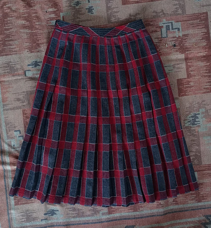 Vintage 1940s Pleated Skirt Tweed Checked Plaid Wool High Waist Red Grey UK S