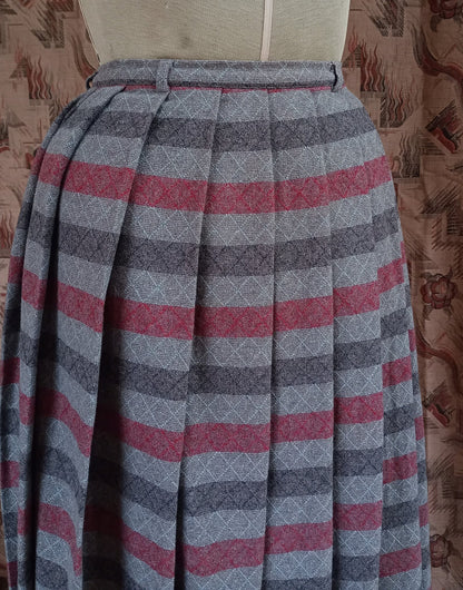 Vintage Gor-Ray Pleated Skirt Striped Red Grey Wool High Waist UK XS