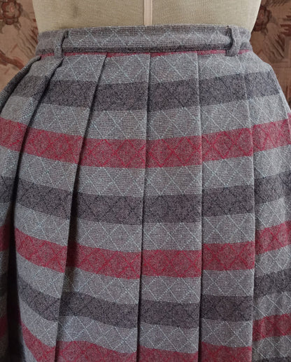 Vintage Gor-Ray Pleated Skirt Striped Red Grey Wool High Waist UK XS