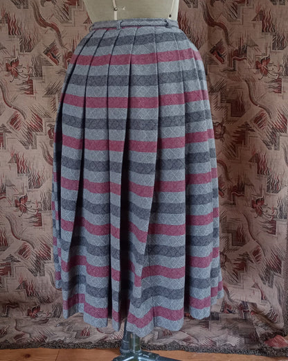 Vintage Gor-Ray Pleated Skirt Striped Red Grey Wool High Waist UK XS