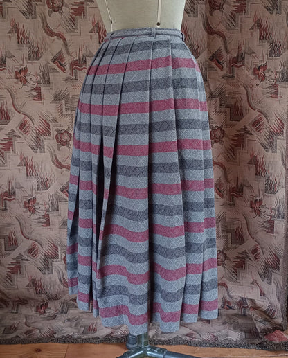 Vintage Gor-Ray Pleated Skirt Striped Red Grey Wool High Waist UK XS