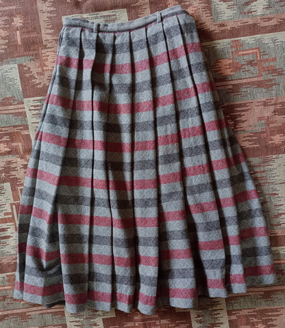 Vintage Gor-Ray Pleated Skirt Striped Red Grey Wool High Waist UK XS