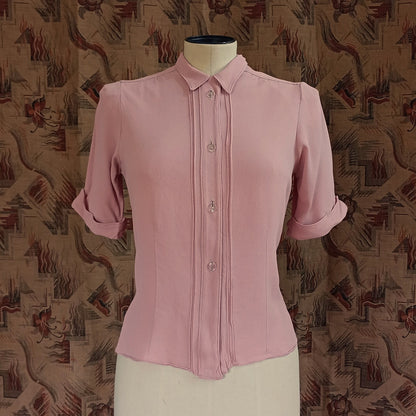 Vintage 1940s Pink Crepe Blouse Short Sleeved Shirt UK XS