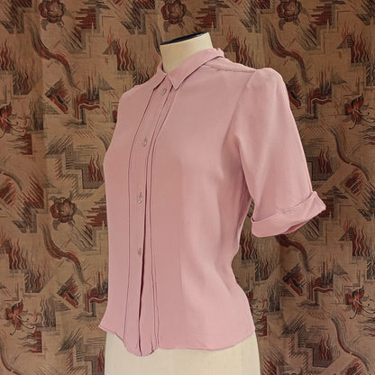 Vintage 1940s Pink Crepe Blouse Short Sleeved Shirt UK XS