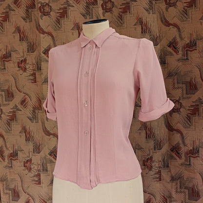 Vintage 1940s Pink Crepe Blouse Short Sleeved Shirt UK XS