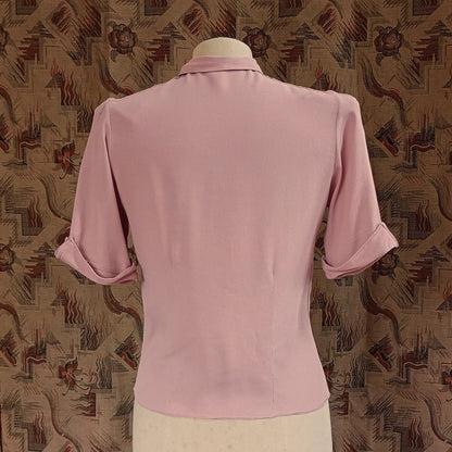 Vintage 1940s Pink Crepe Blouse Short Sleeved Shirt UK XS