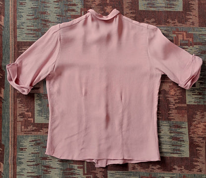 Vintage 1940s Pink Crepe Blouse Short Sleeved Shirt UK XS