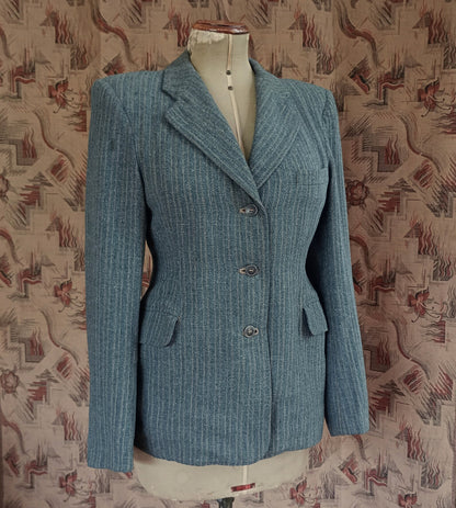 Rare Vintage 1940s Wool Jacket Grey Green Striped Tailored Blazer Back Belt UK S