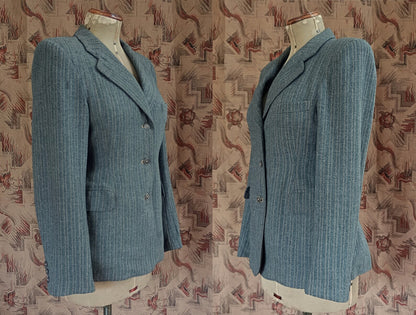 Rare Vintage 1940s Wool Jacket Grey Green Striped Tailored Blazer Back Belt UK S