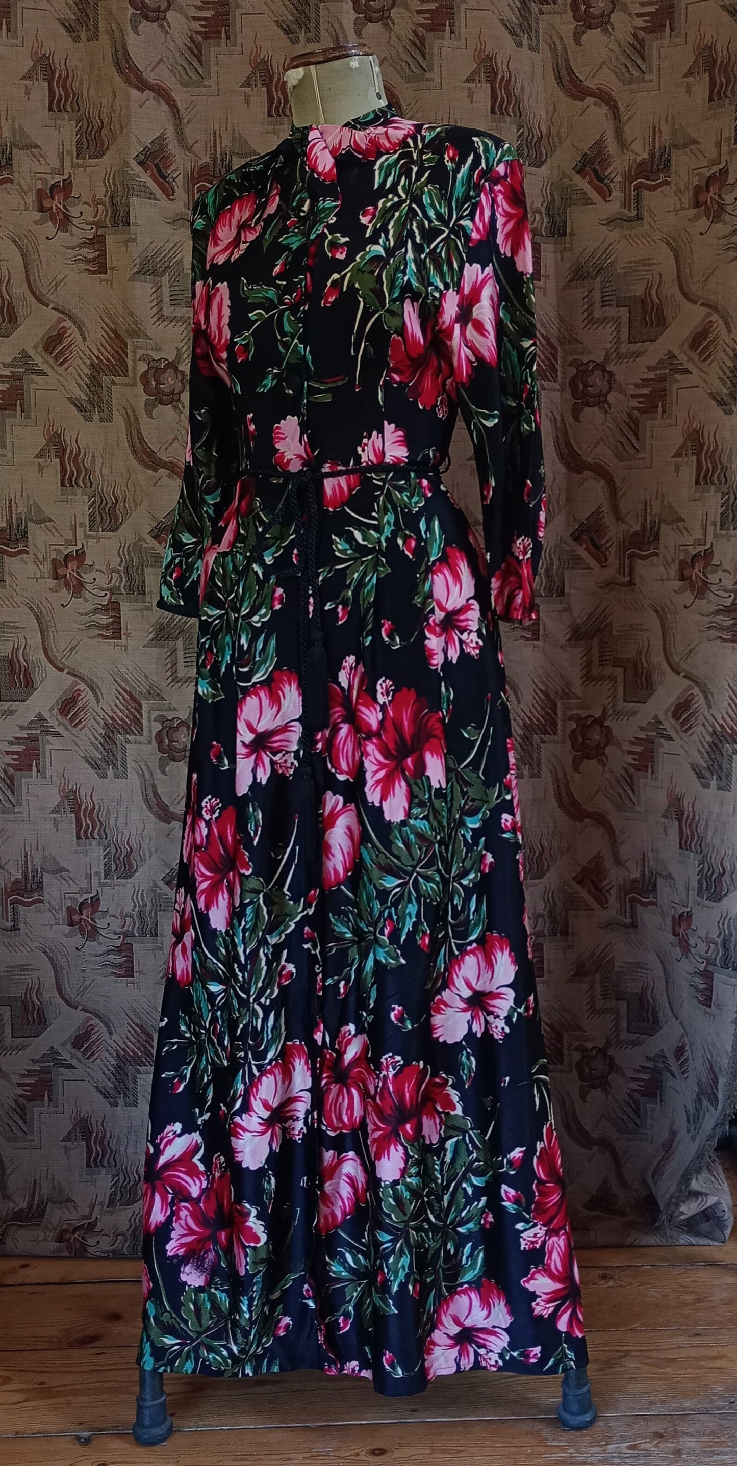 Rare Vintage 1940s Jersey Bold Floral Hostess Gown Lounge Dress Housecoat UK XS/S