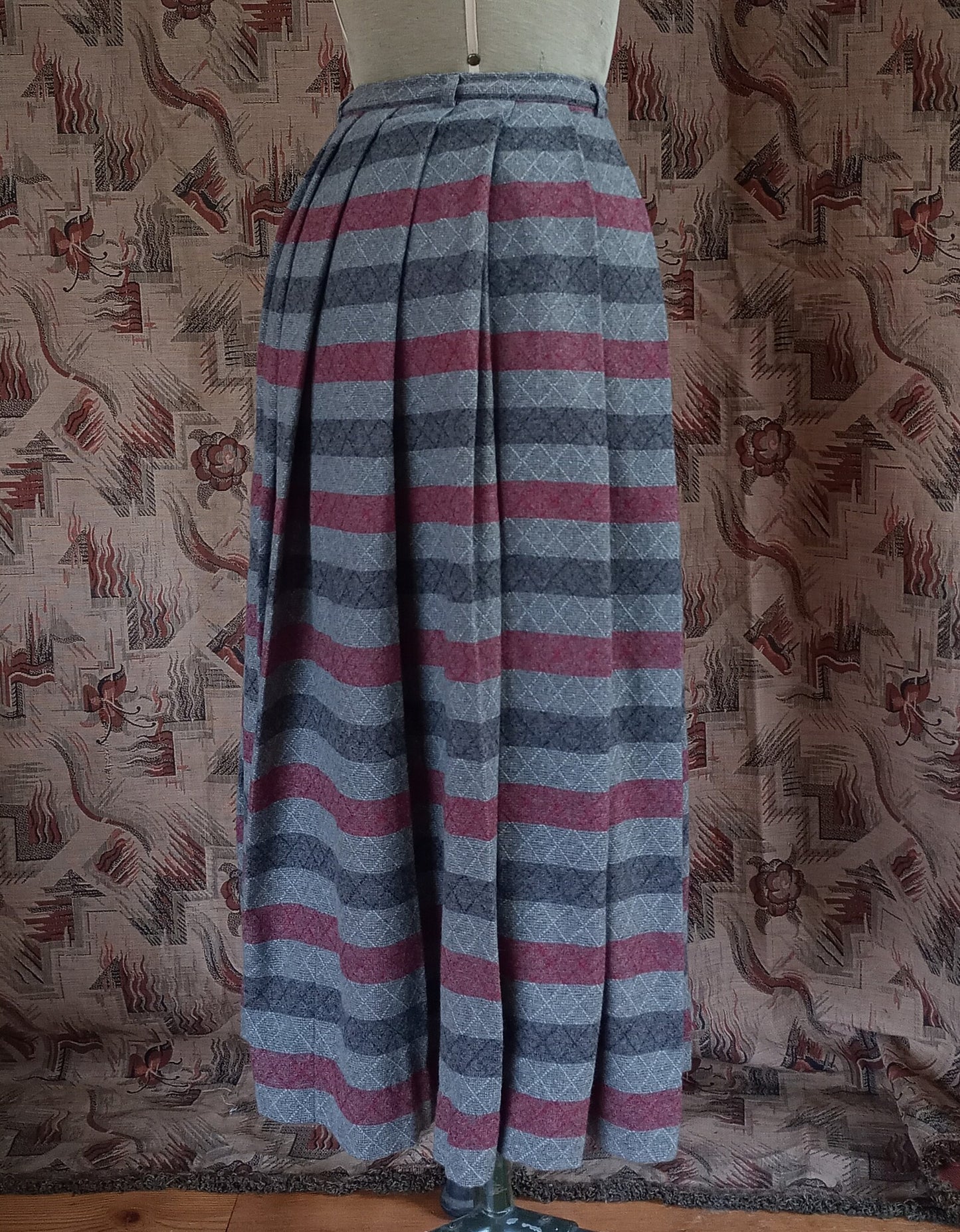 Vintage Gor-Ray Pleated Skirt Striped Red Grey Wool High Waist UK XS