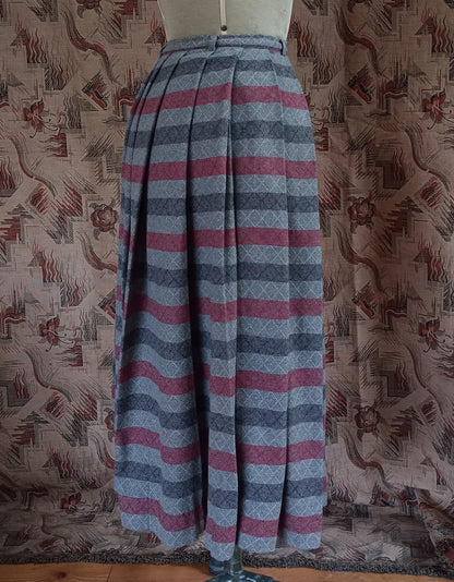 Vintage Gor-Ray Pleated Skirt Striped Red Grey Wool High Waist UK XS