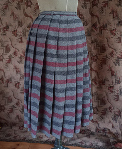 Vintage Gor-Ray Pleated Skirt Striped Red Grey Wool High Waist UK XS