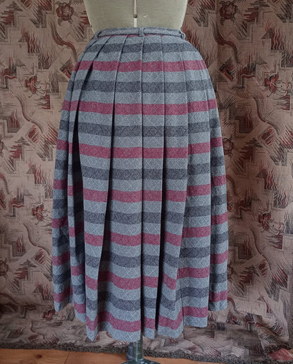 Vintage Gor-Ray Pleated Skirt Striped Red Grey Wool High Waist UK XS