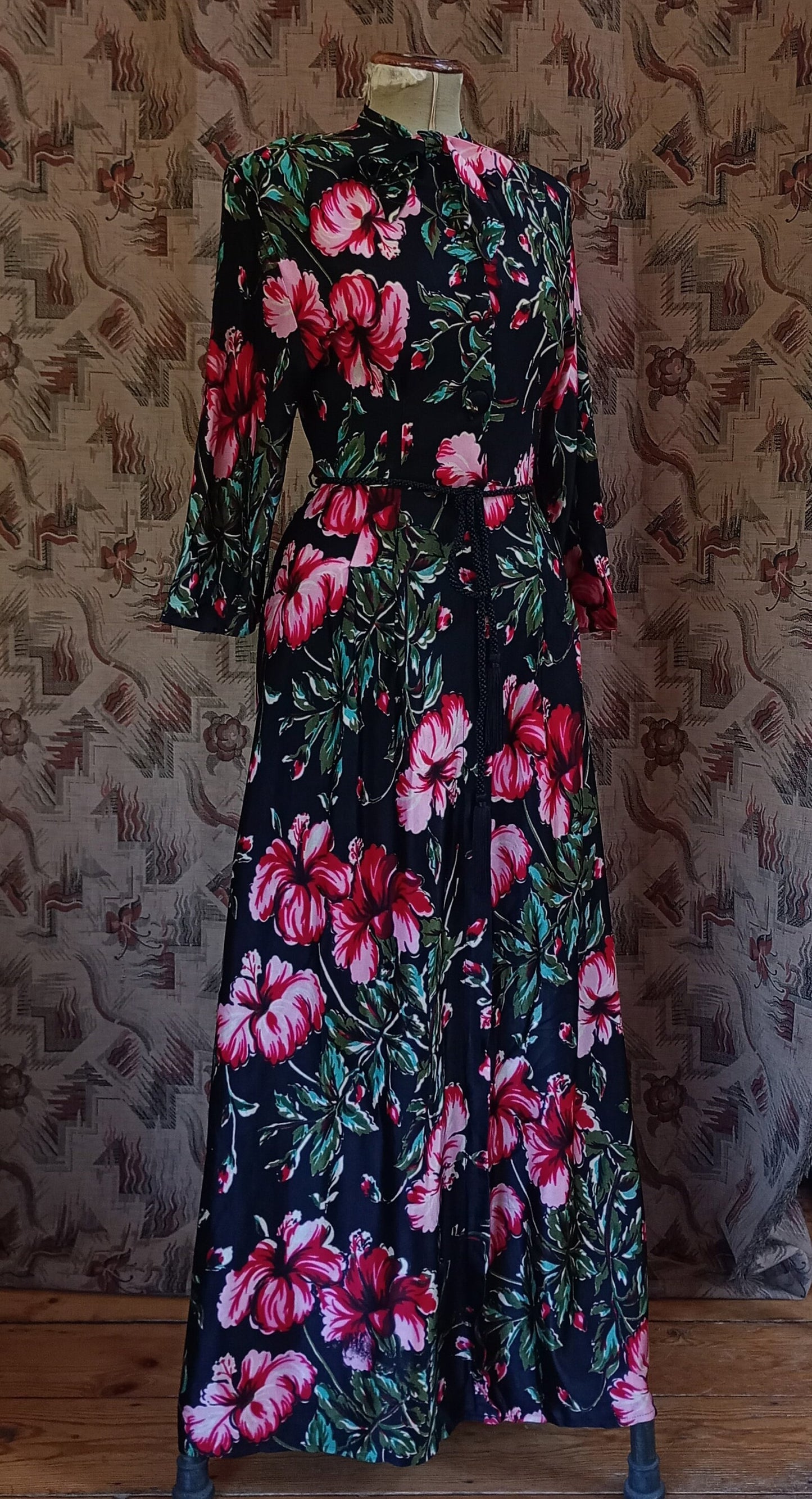 Rare Vintage 1940s Jersey Bold Floral Hostess Gown Lounge Dress Housecoat UK XS/S